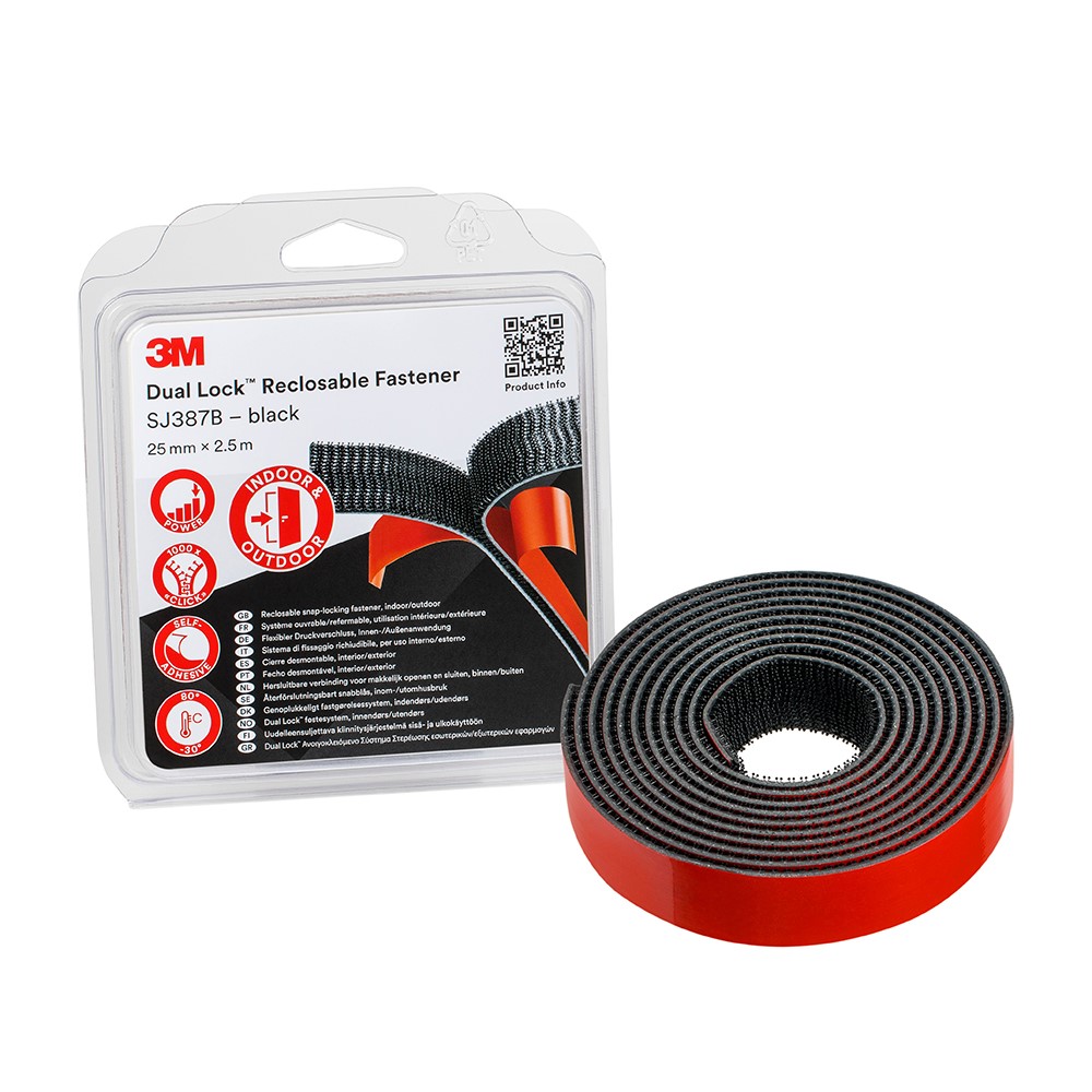 3M™ Dual Lock™ Återförslutningsbart SJ3870, Svart, 25 mm x 2.5, 6,1mm